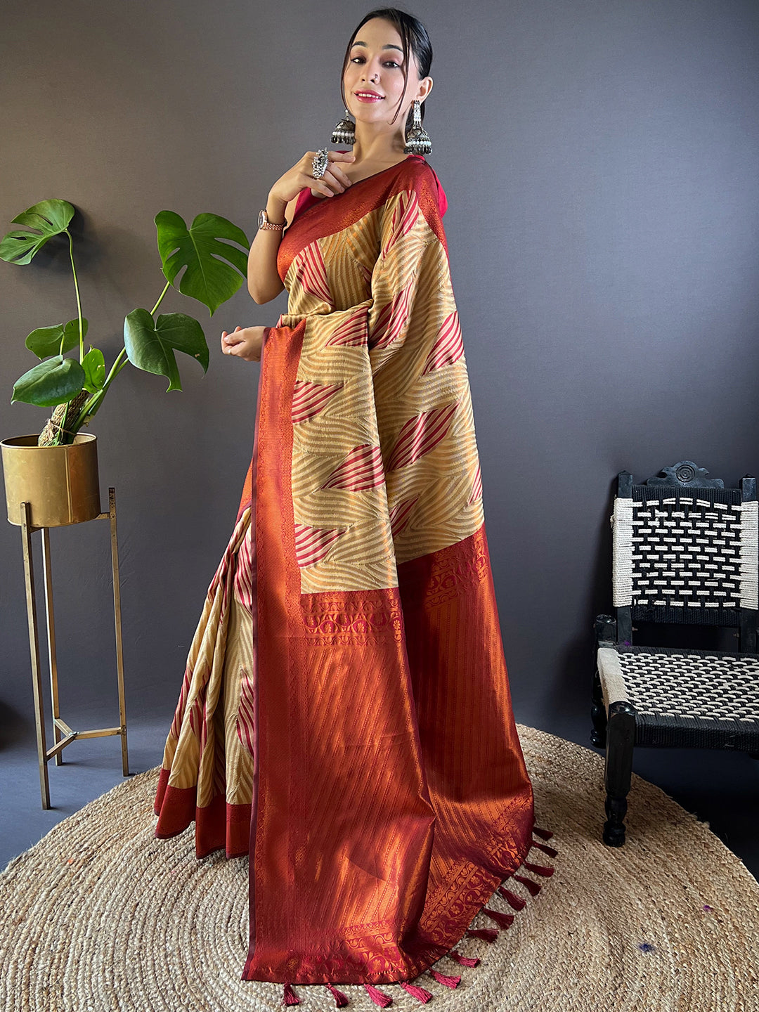 Beige Tussar Silk Abstract Ikkat Print Saree