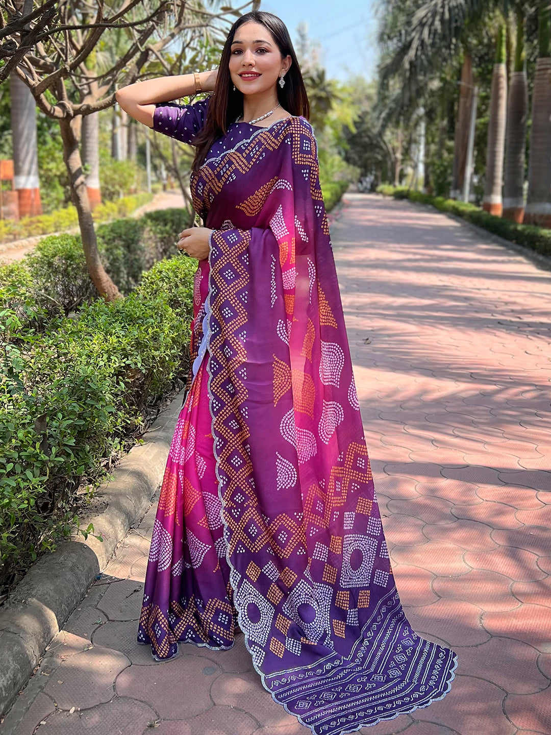 Magenta Georgette Silk Saree with Ombre Bandhej & Swarovski Stones