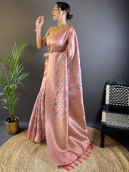 Pink Block Print Banarasi Katan Silk Saree