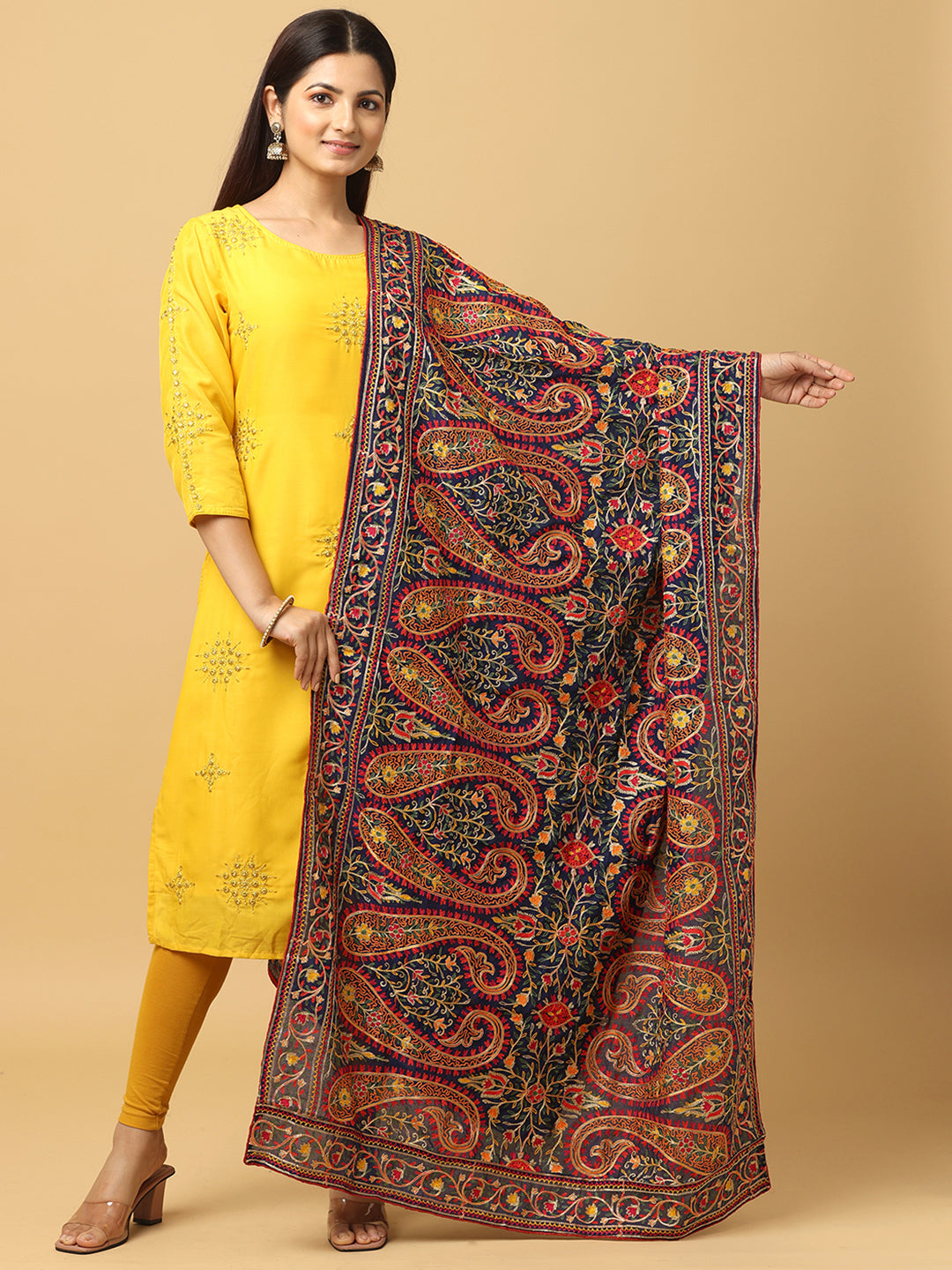 Navy Blue Kashmiri Threadwork Designer Duppata