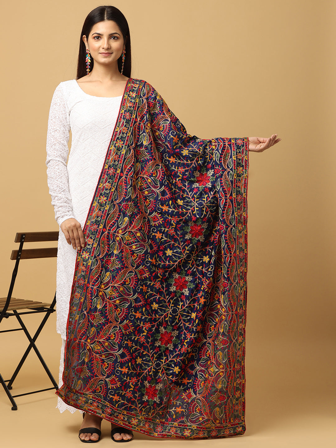 Navy Blue Poly Chiffon Pashmina Dupatta with Thread work