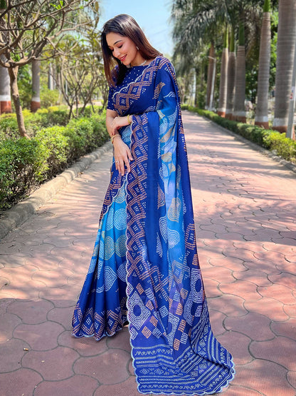 Blue Georgette Silk Saree with Ombre Bandhej & Swarovski Stones