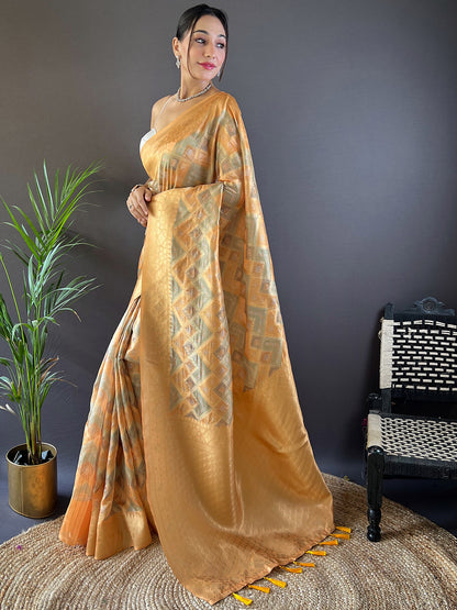 Yellow Block Print Banarasi Katan Silk Saree