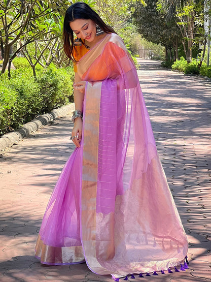 Purple Viscose Organza Saree with Gold Zari Weaving Border