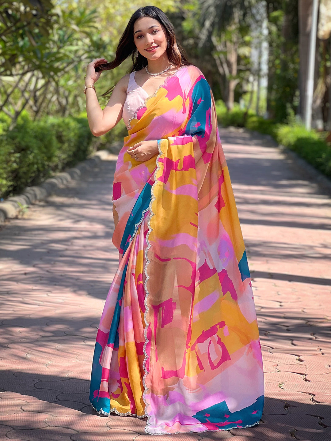 Elegant Multicoloured Satin Georgette Saree with Floral Print