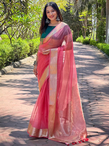 Pink Viscose Organza Saree with Gold Zari Weaving Border