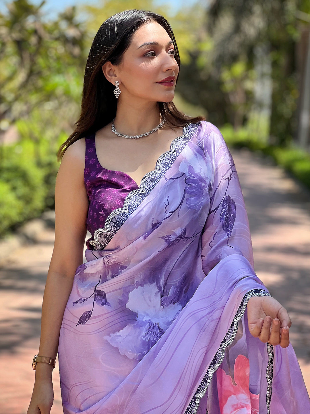 Elegant Purple Satin Georgette Saree with Floral Print