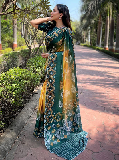 Yellow Georgette Silk Saree with Ombre Bandhej & Swarovski Stones