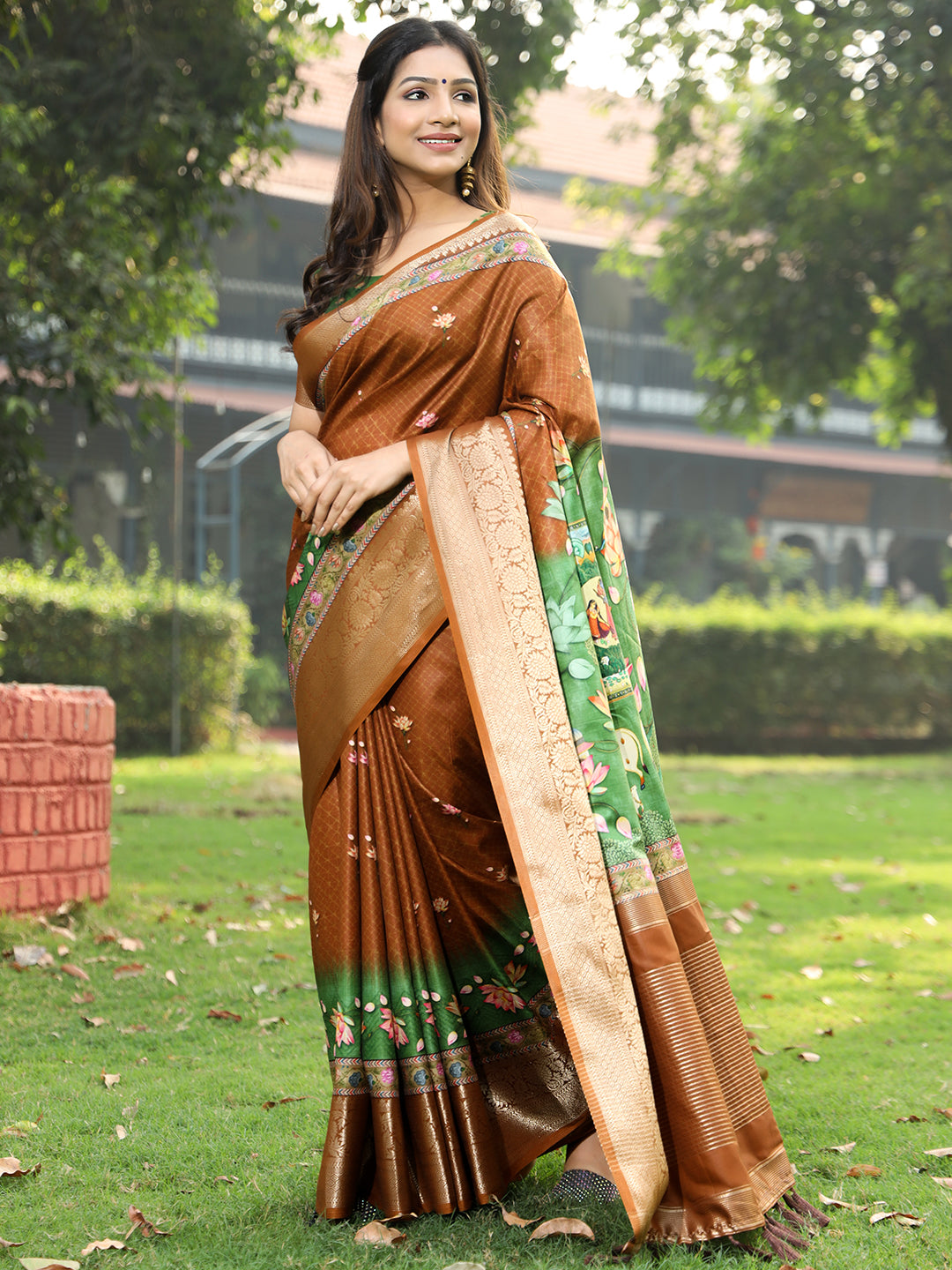 Luxe Brown Viscose Dola Silk Saree with Pichwai Kalamkari Print