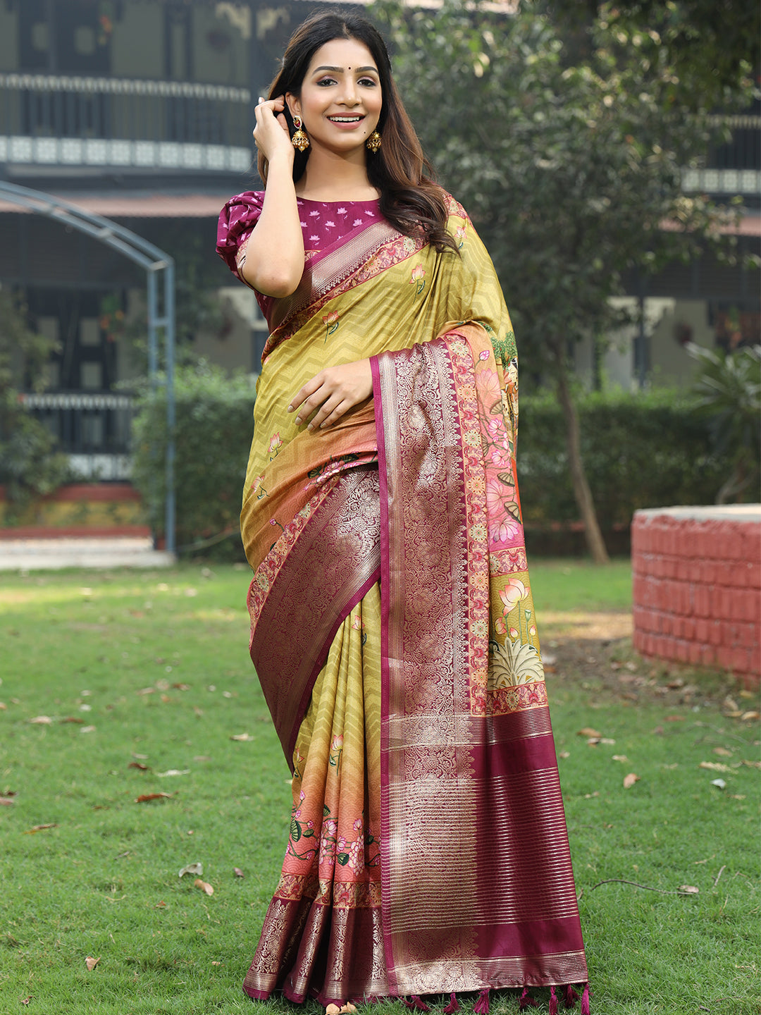 Luxe Light-Green Viscose Dola Silk Saree with Pichwai Kalamkari Print