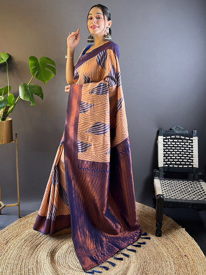 Peach Tussar Silk Abstract Ikkat Print Saree