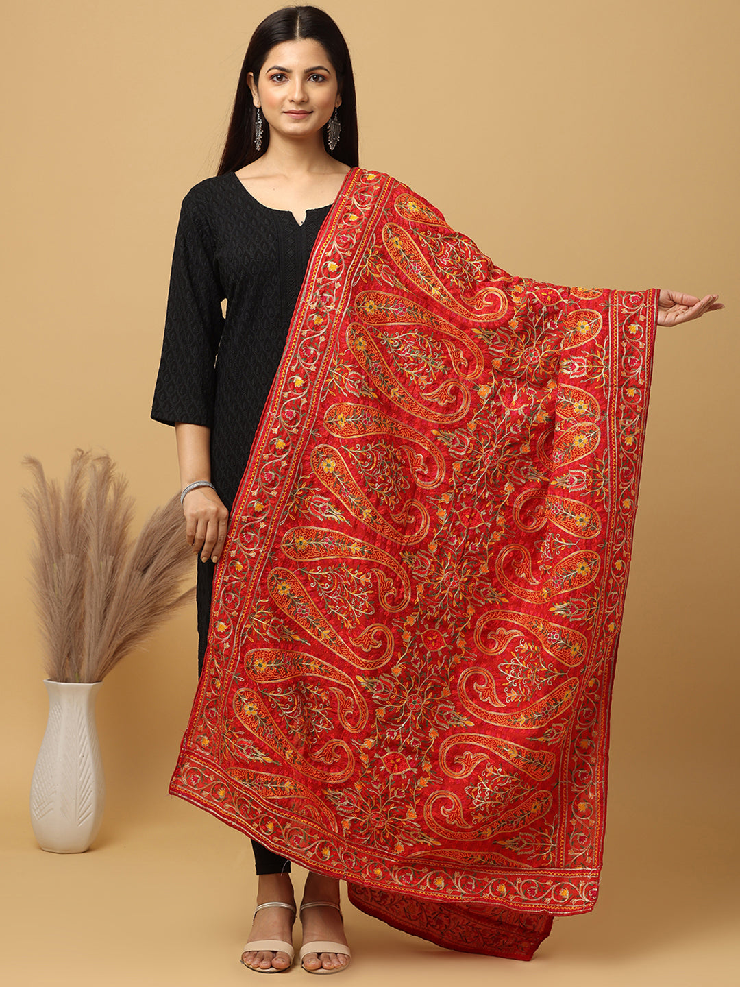 Red Kashmiri Threadwork Designer Duppata