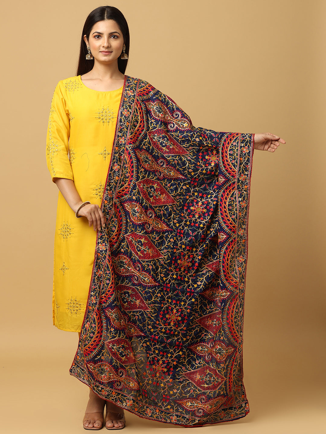 Navy Blue Poly Chiffon Pashmina Dupatta with Intricate Thread work