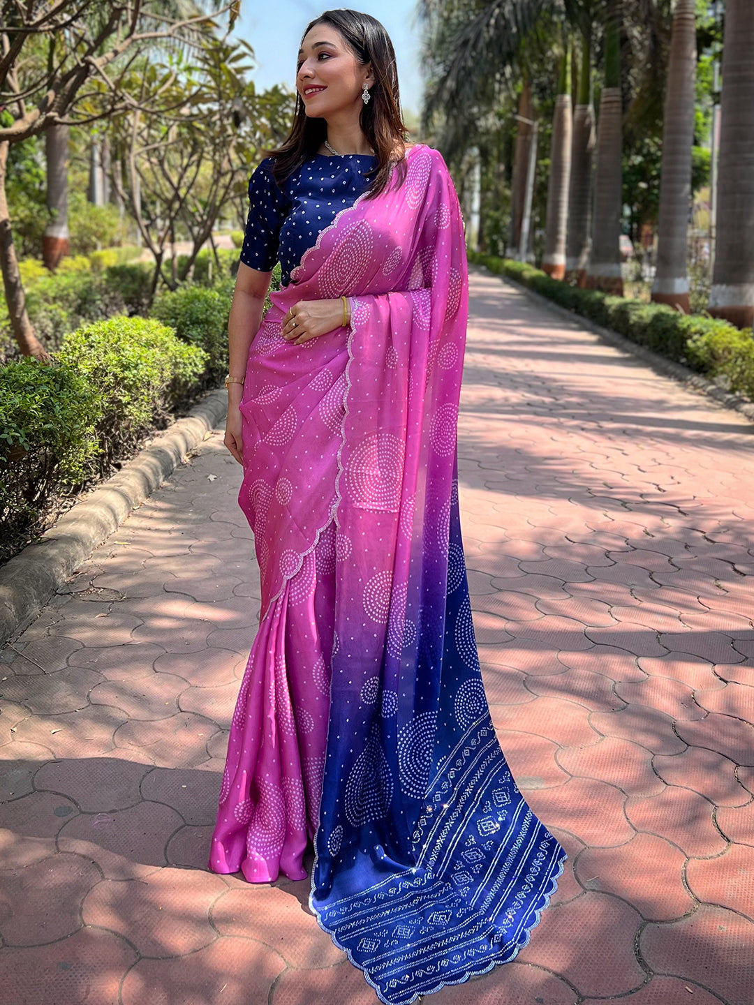 Pink Georgette Silk Saree with Ombre Bandhej & Swarovski Stones