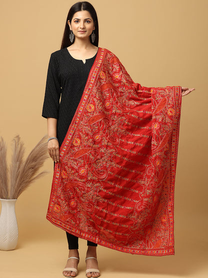 Red Poly Chiffon Pashmina Dupatta with Intricate Thread work