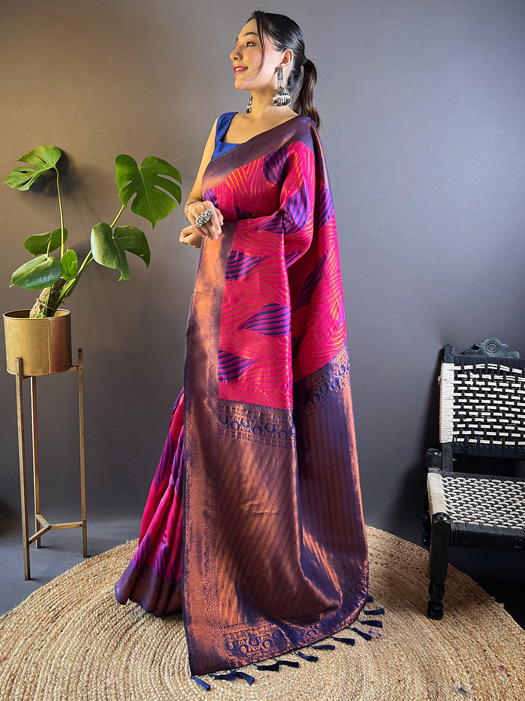 Rani-Pink Tussar Silk Abstract Ikkat Print Saree