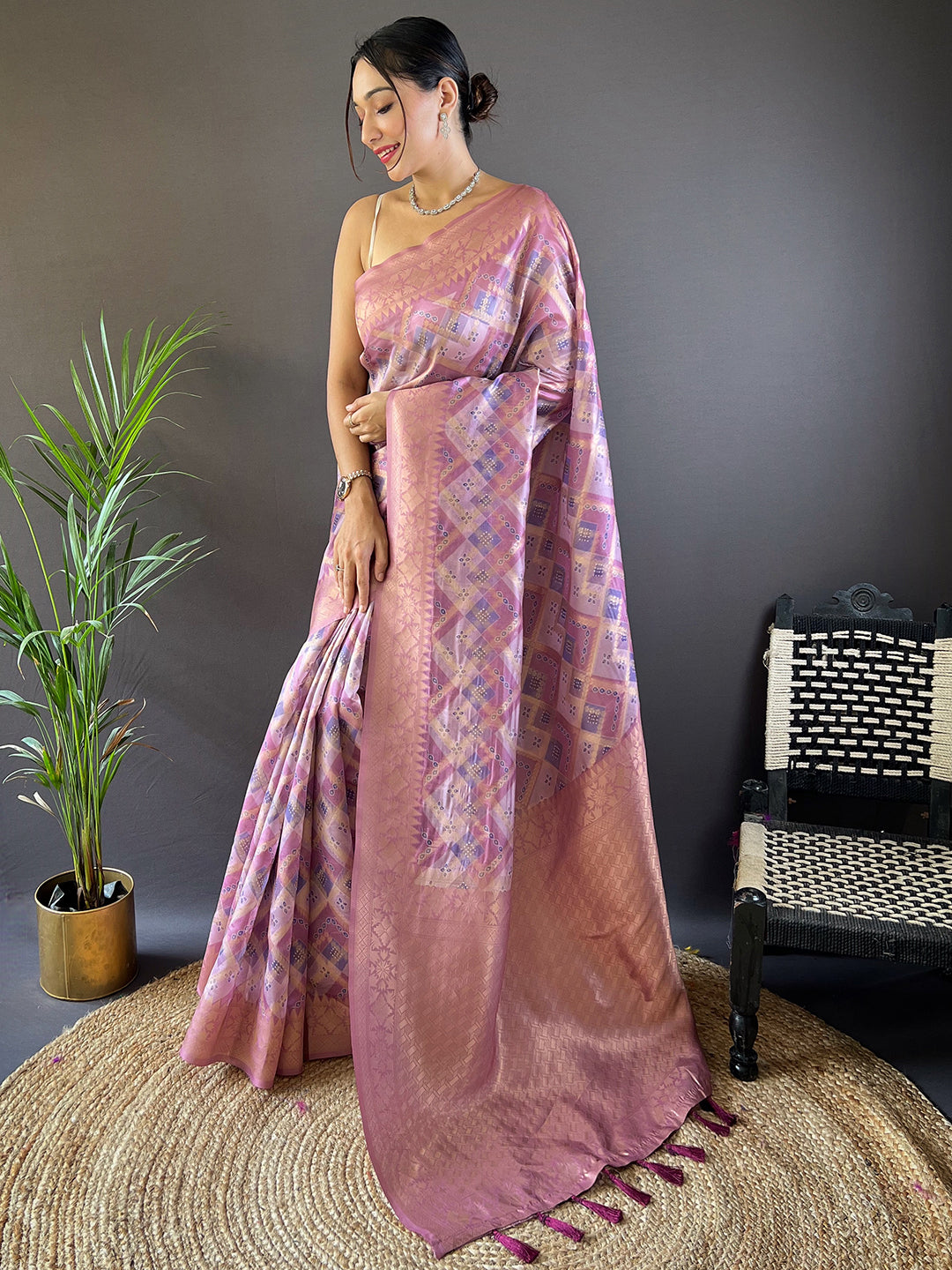 Lavender Block Print Banarasi Katan Silk Saree