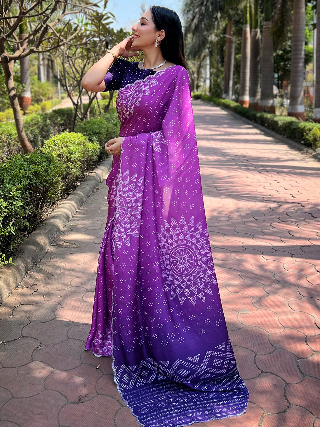 Purple Georgette Silk Saree with Ombre Bandhej & Swarovski Stones