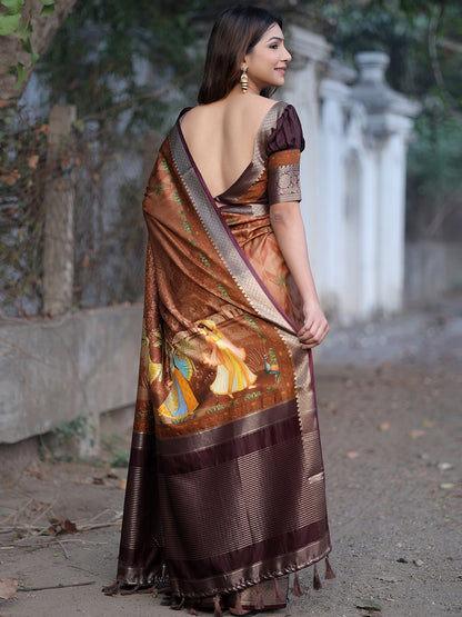 Luxe Coffee Brown Viscose Dola Silk Saree with Pichwai Kalamkari Print