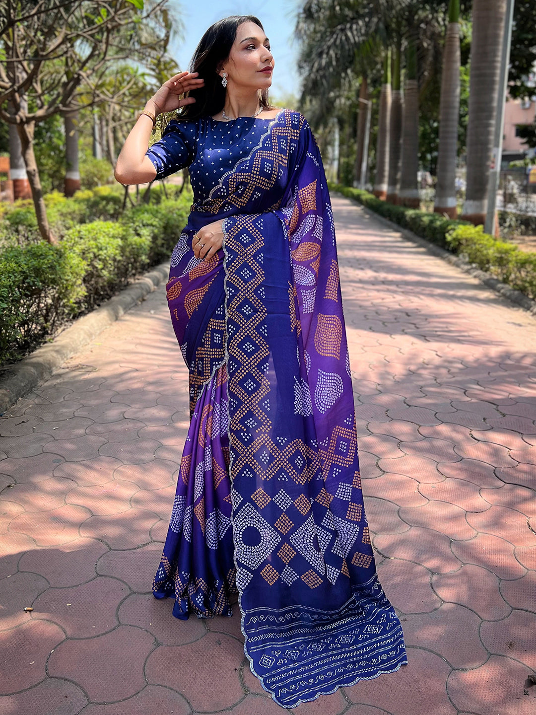 Indigo Georgette Silk Saree with Ombre Bandhej & Swarovski Stones