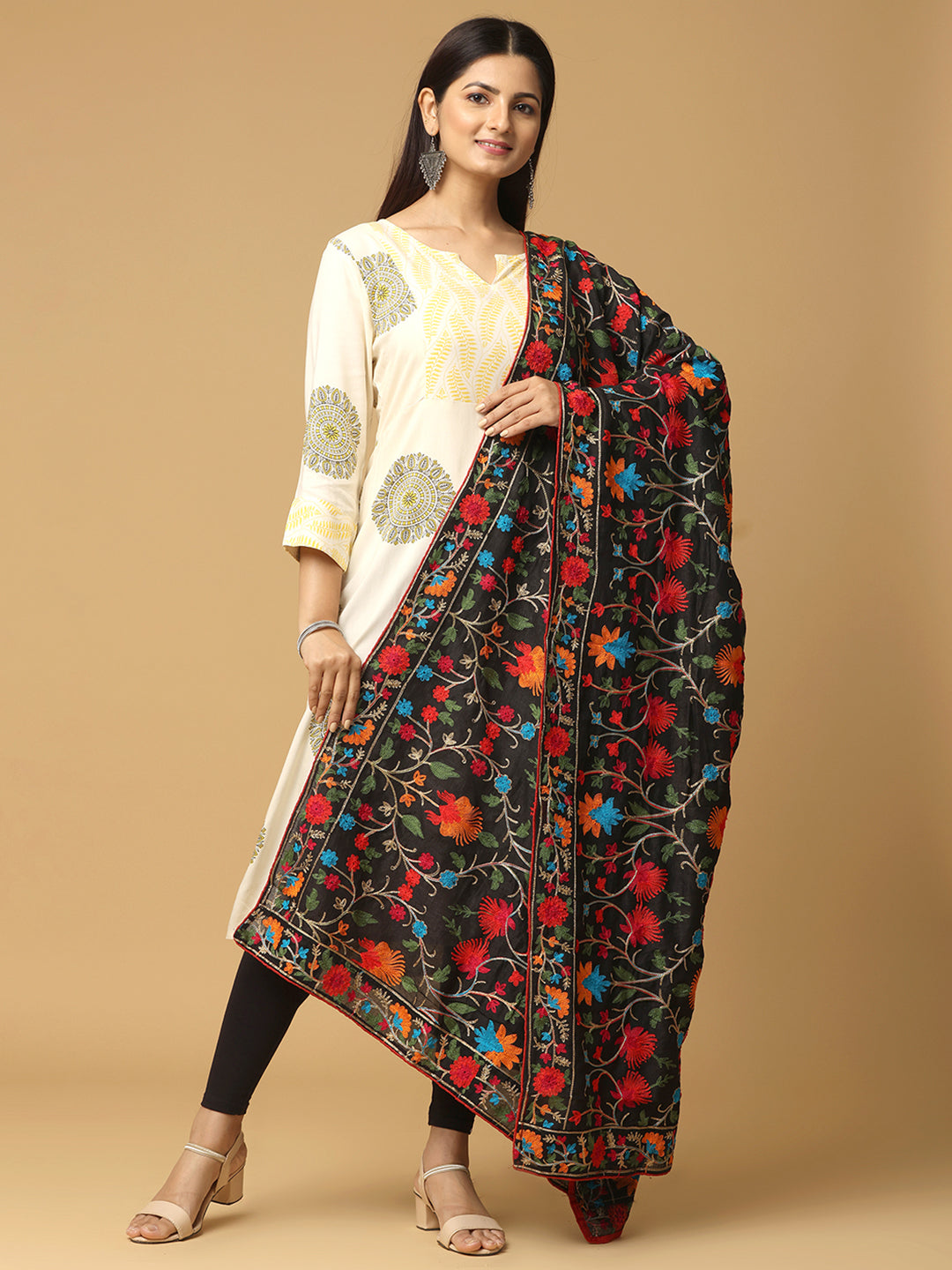 Black Poly Chiffon Pashmina Dupatta with Intricate Thread work