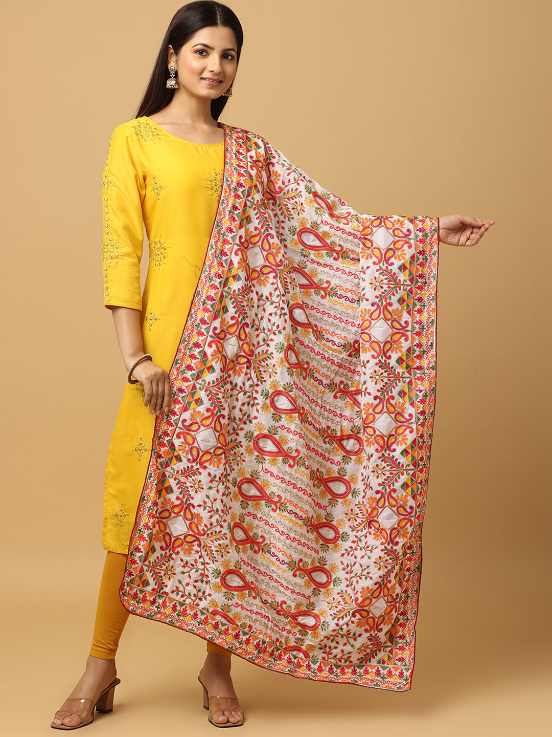 White Kashmiri Threadwork Designer Pashmina Duppata