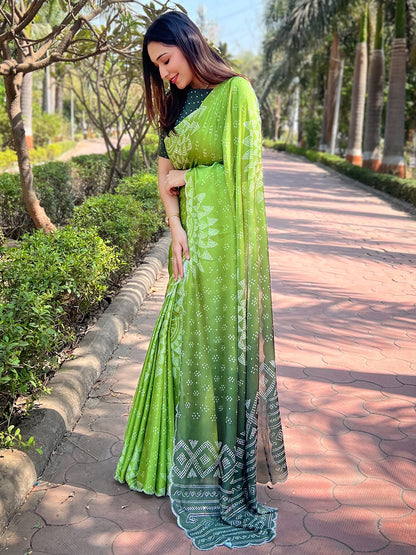 Green Georgette Silk Saree with Ombre Bandhej & Swarovski Stones