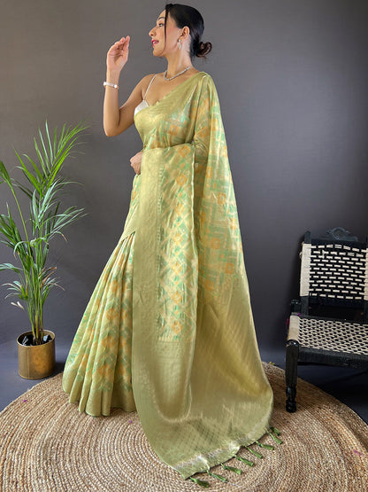 Green Block Print Banarasi Katan Silk Saree