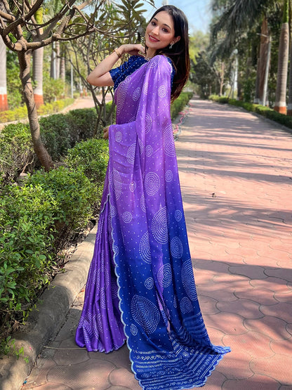 Lavender Georgette Silk Saree with Ombre Bandhej & Swarovski Stones