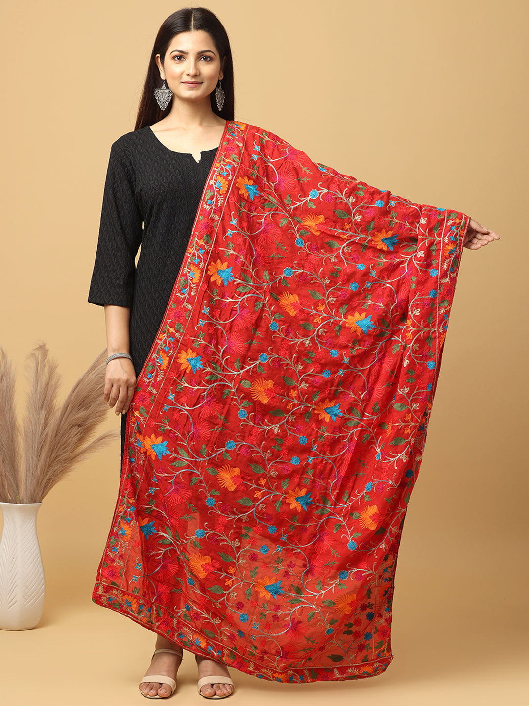 Red Poly Chiffon Pashmina Dupatta with Intricate Thread work