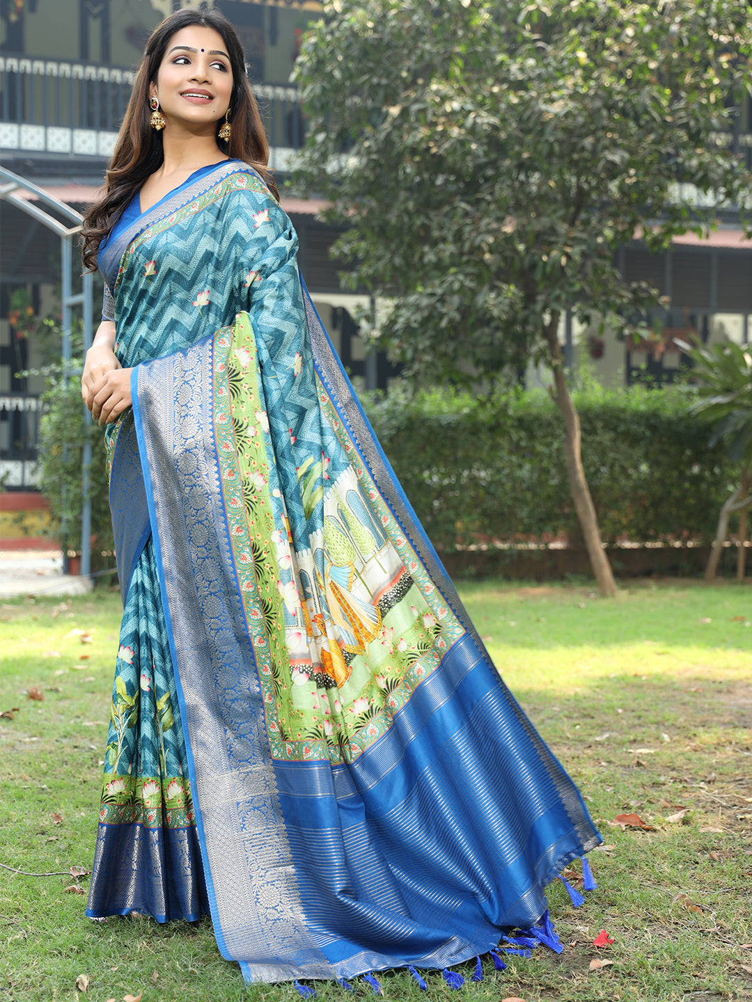 Luxe Blue Viscose Dola Silk Saree with Pichwai Kalamkari Print