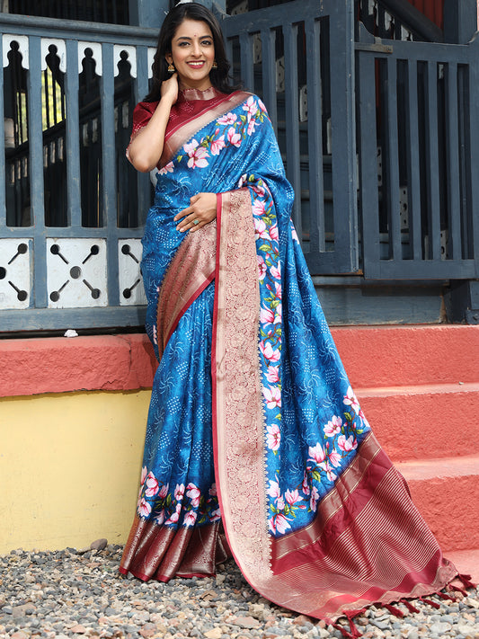 Elegant Royal blue Pure Viscose Dola Silk Saree with Exquisite Floral Print Border