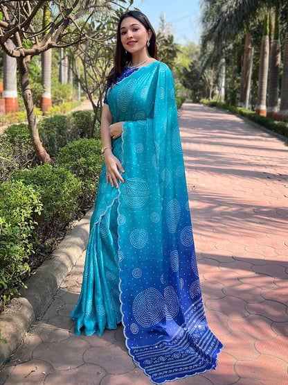 Turquoise Georgette Silk Saree with Ombre Bandhej & Swarovski Stones