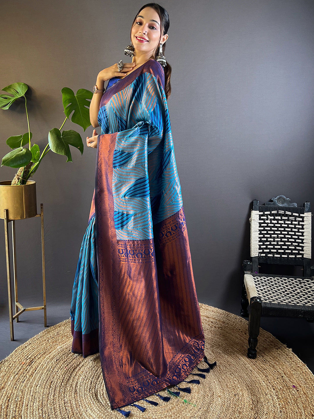 Royal-Blue Tussar Silk Abstract Ikkat Print Saree