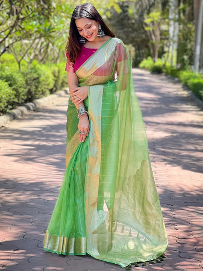 Green Viscose Organza Saree with Gold Zari Weaving Border