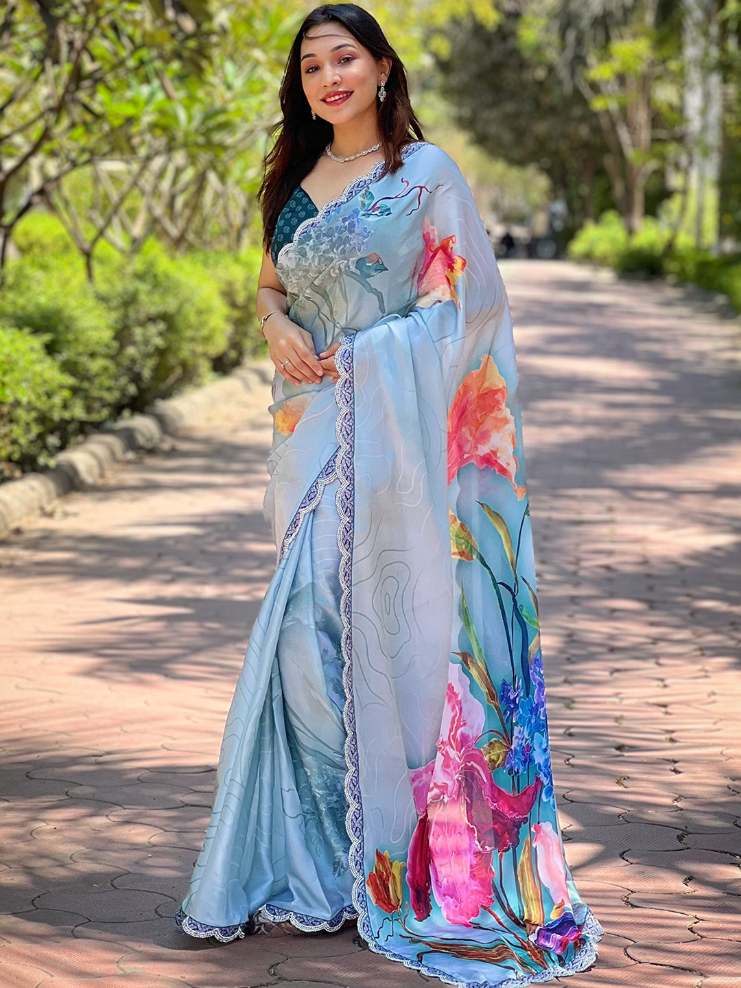 Elegant Light Blue Satin Georgette Saree with Floral Print