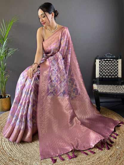 Lavender Block Print Banarasi Katan Silk Saree