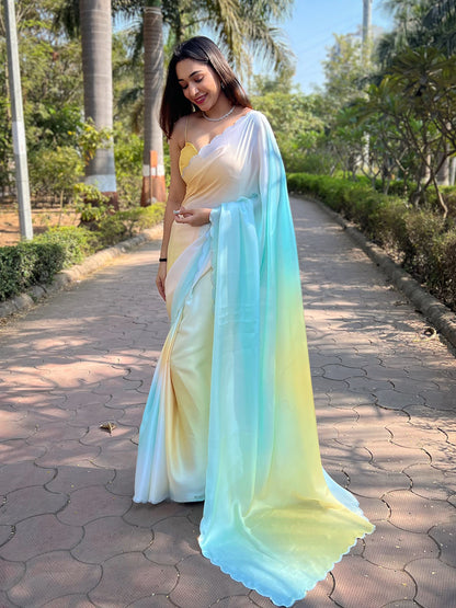 Bollywood-Style Yellow Satin Georgette Ombre Saree