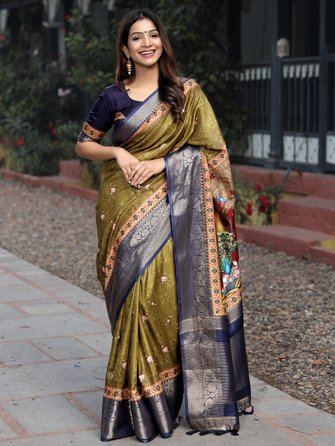 Luxe Olive Viscose Dola Silk Saree with Pichwai Kalamkari Print