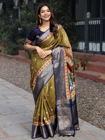 Luxe Olive Viscose Dola Silk Saree with Pichwai Kalamkari Print