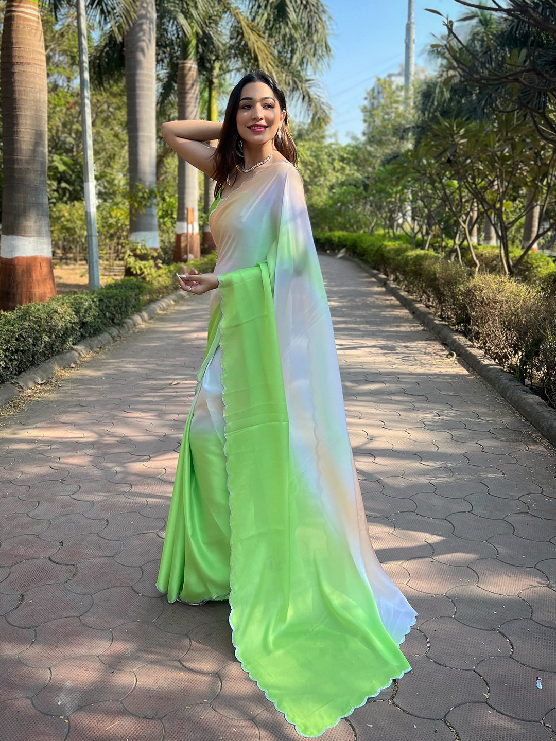 Bollywood-Style Green Satin Georgette Ombre Saree