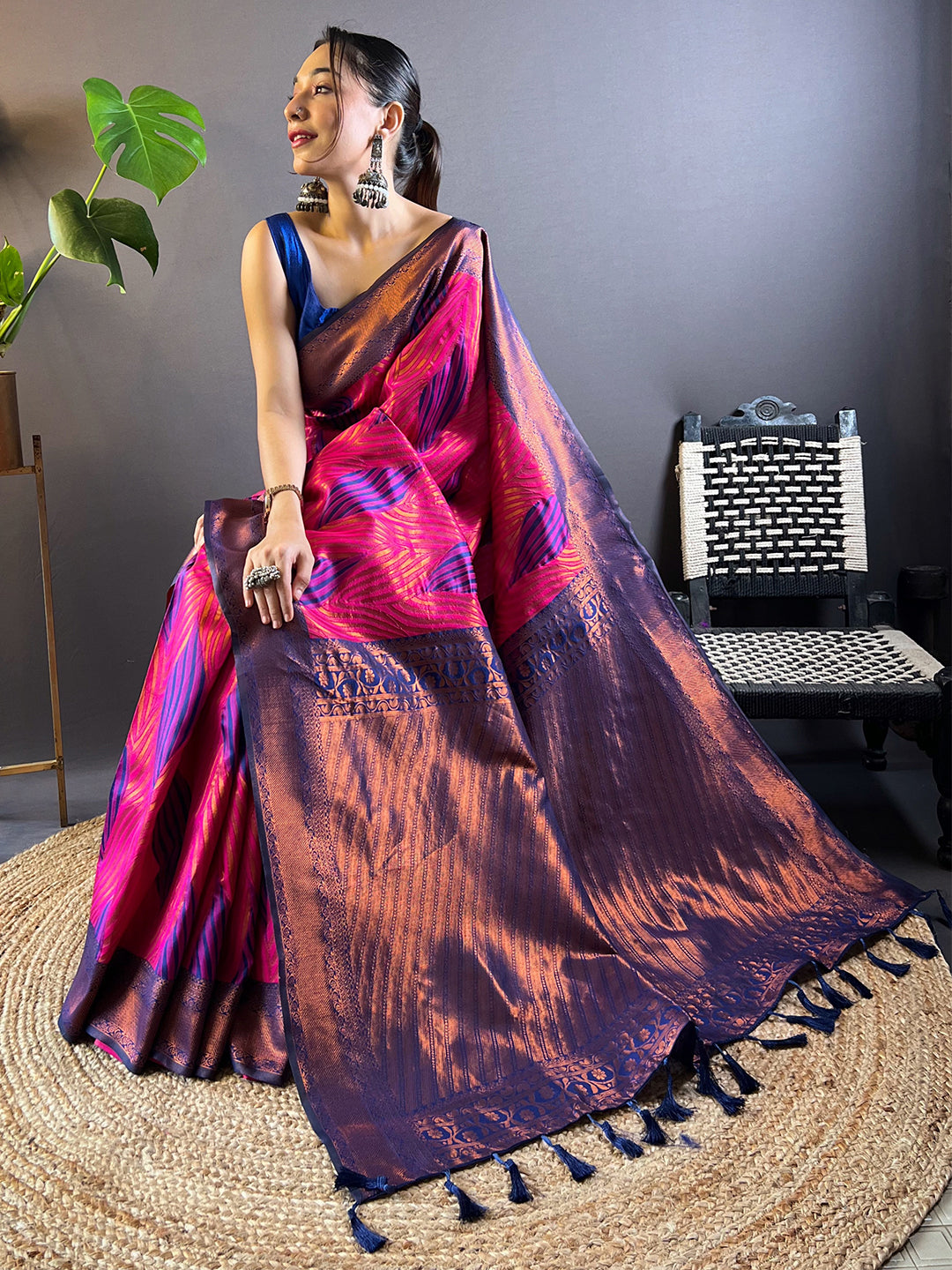 Rani-Pink Tussar Silk Abstract Ikkat Print Saree