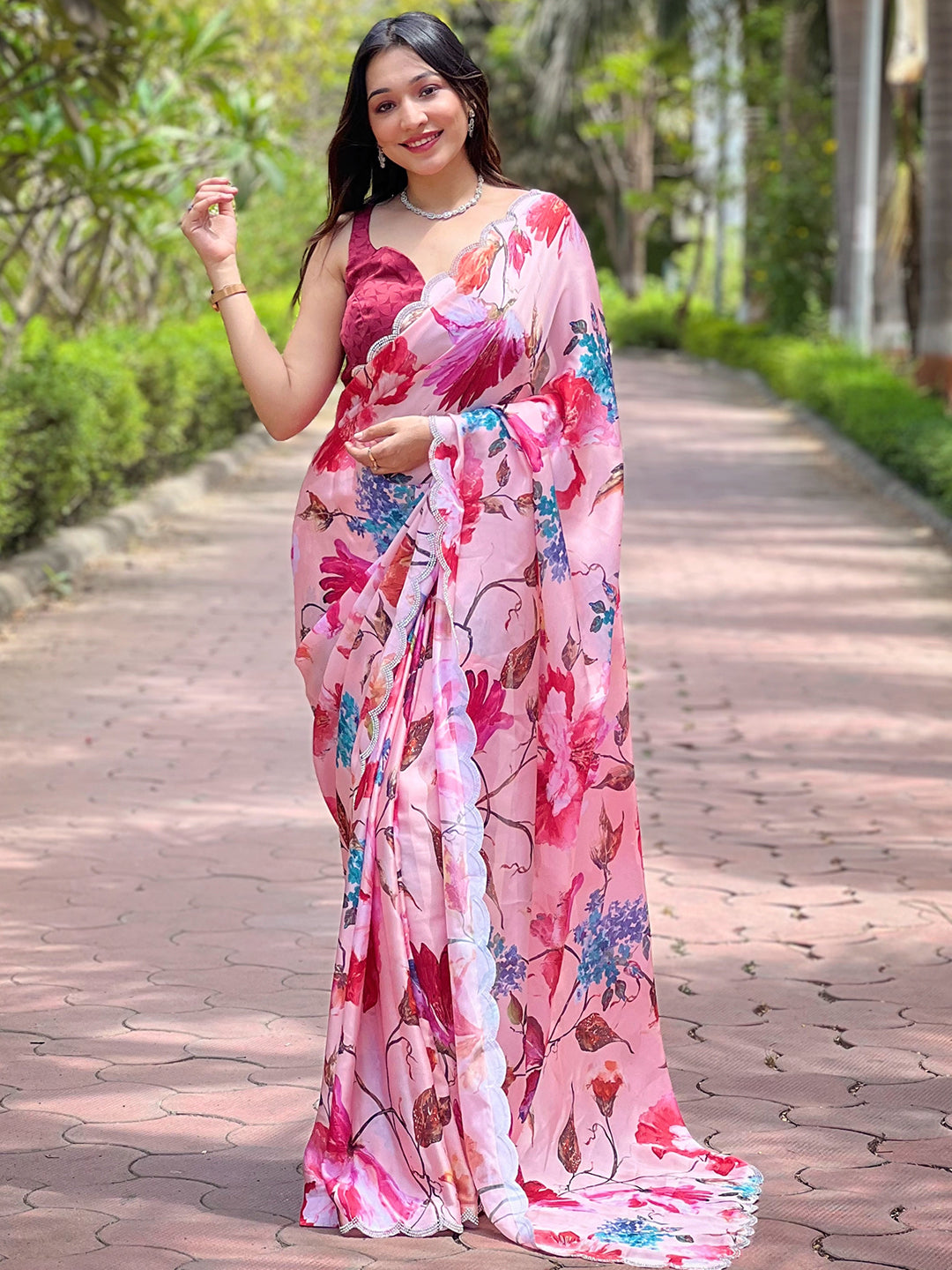 Elegant Peach Satin Georgette Saree with Floral Print