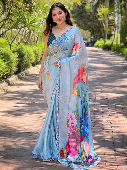 Elegant Light Blue Satin Georgette Saree with Floral Print