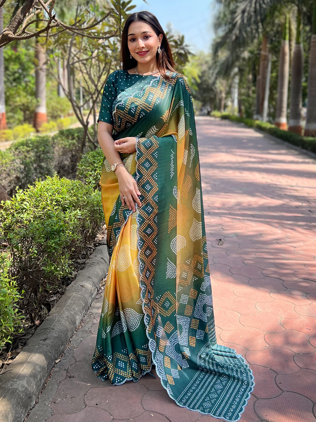 Yellow Georgette Silk Saree with Ombre Bandhej & Swarovski Stones