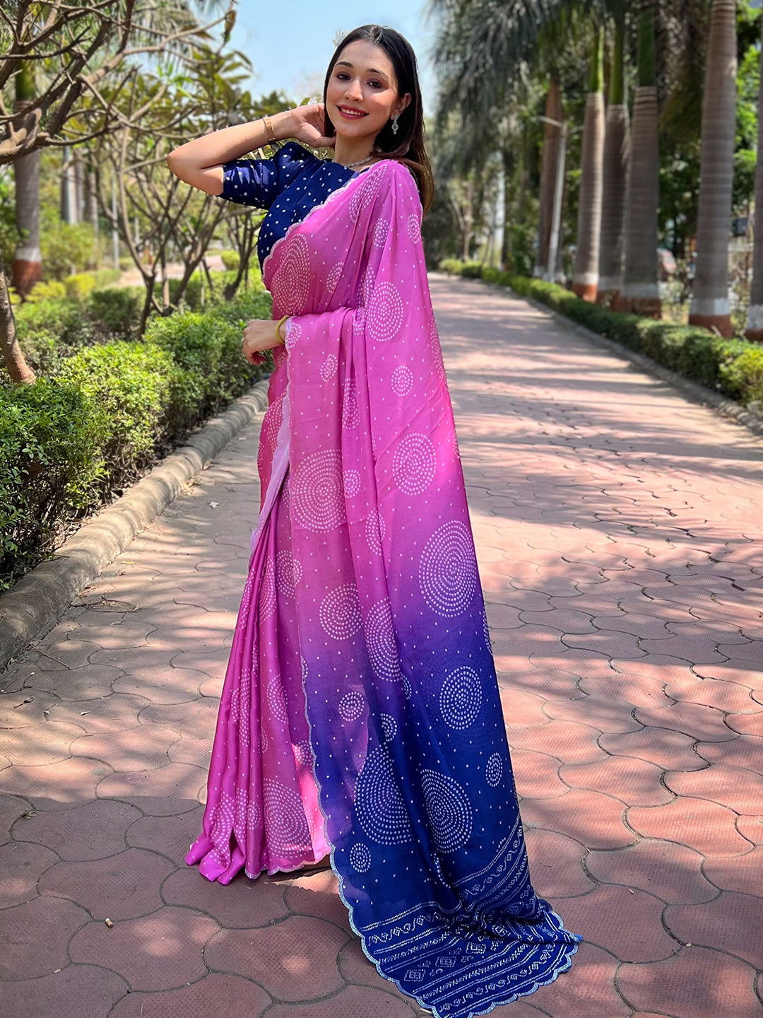 Pink Georgette Silk Saree with Ombre Bandhej & Swarovski Stones