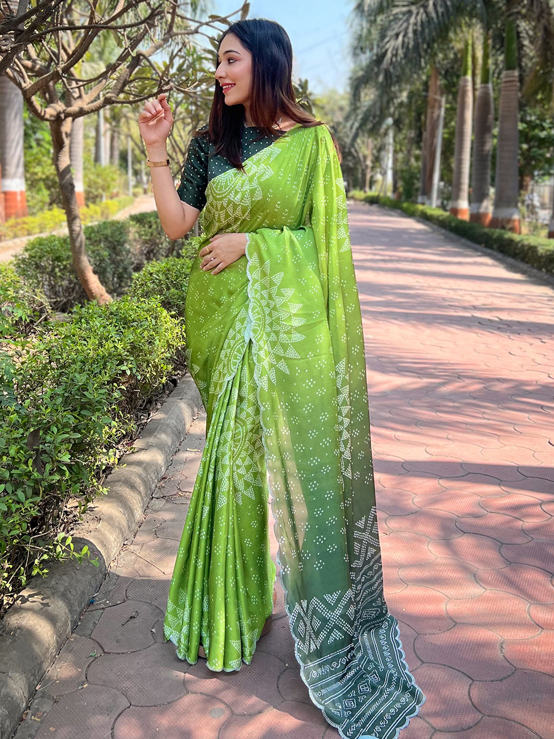 Green Georgette Silk Saree with Ombre Bandhej & Swarovski Stones