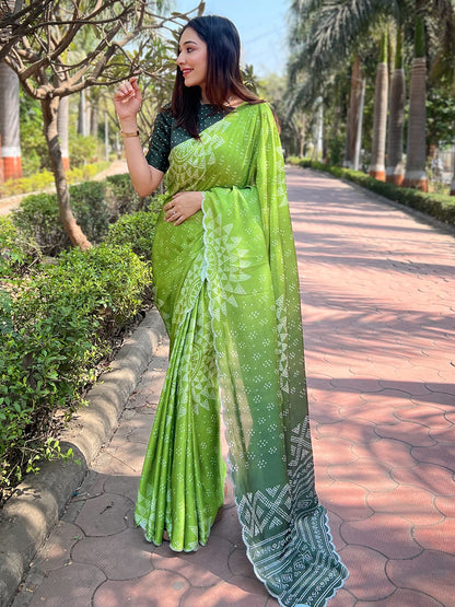 Green Georgette Silk Saree with Ombre Bandhej & Swarovski Stones