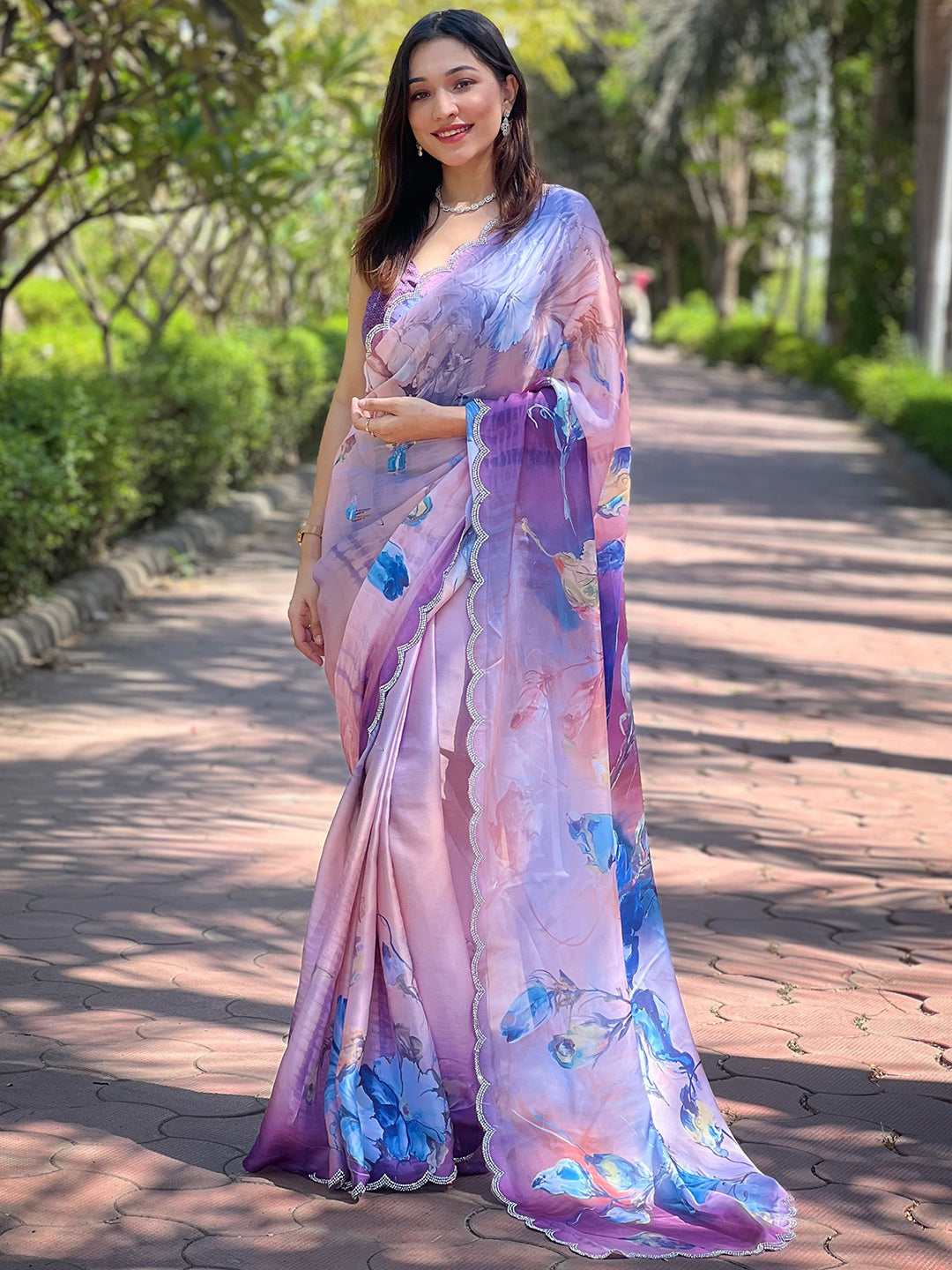 Elegant Lavender Satin Georgette Saree with Floral Print