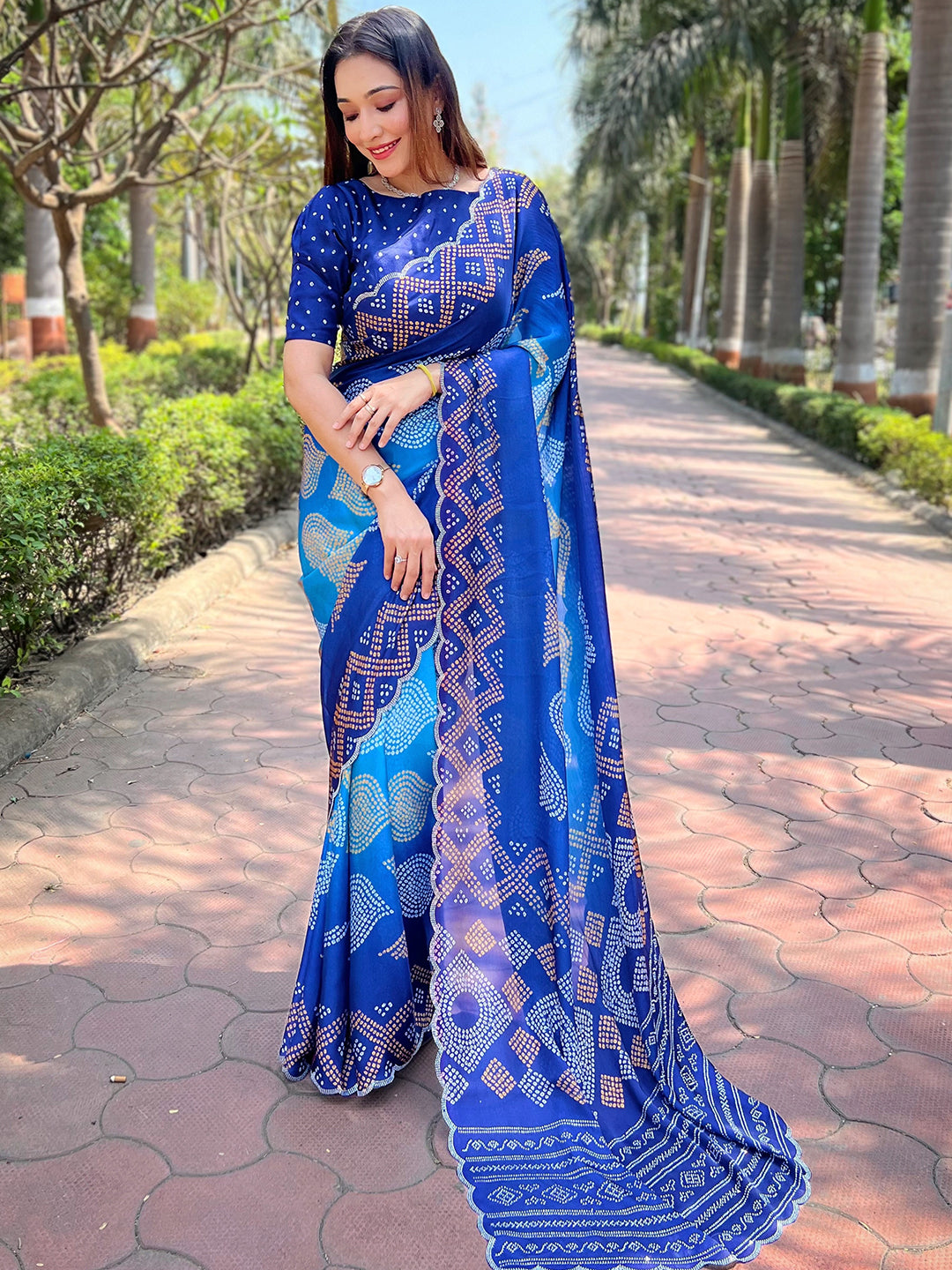 Blue Georgette Silk Saree with Ombre Bandhej & Swarovski Stones